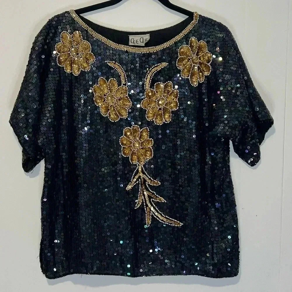 Vintage 80s Cee Cee All Over Sequin Floral Daisy Black Top E18